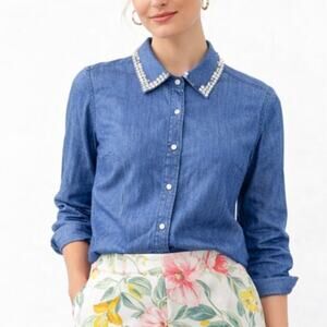 Talbots Size Small 100% Cotton Rhinestone Embellished Collar NWT Denim Button-Up